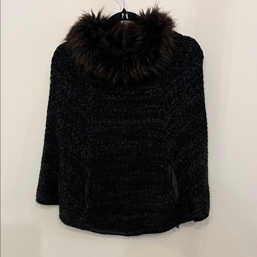 Steve Madden Charcoal Poncho with Dark Brown Fur Trim